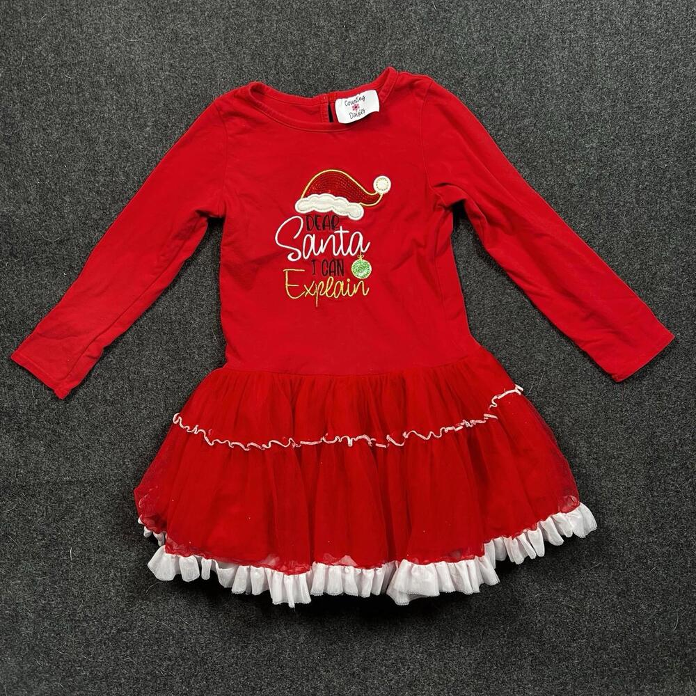 Counting Daisies Girls Holiday Dress Tulle Red Dear Embroidered Santa Sz 6